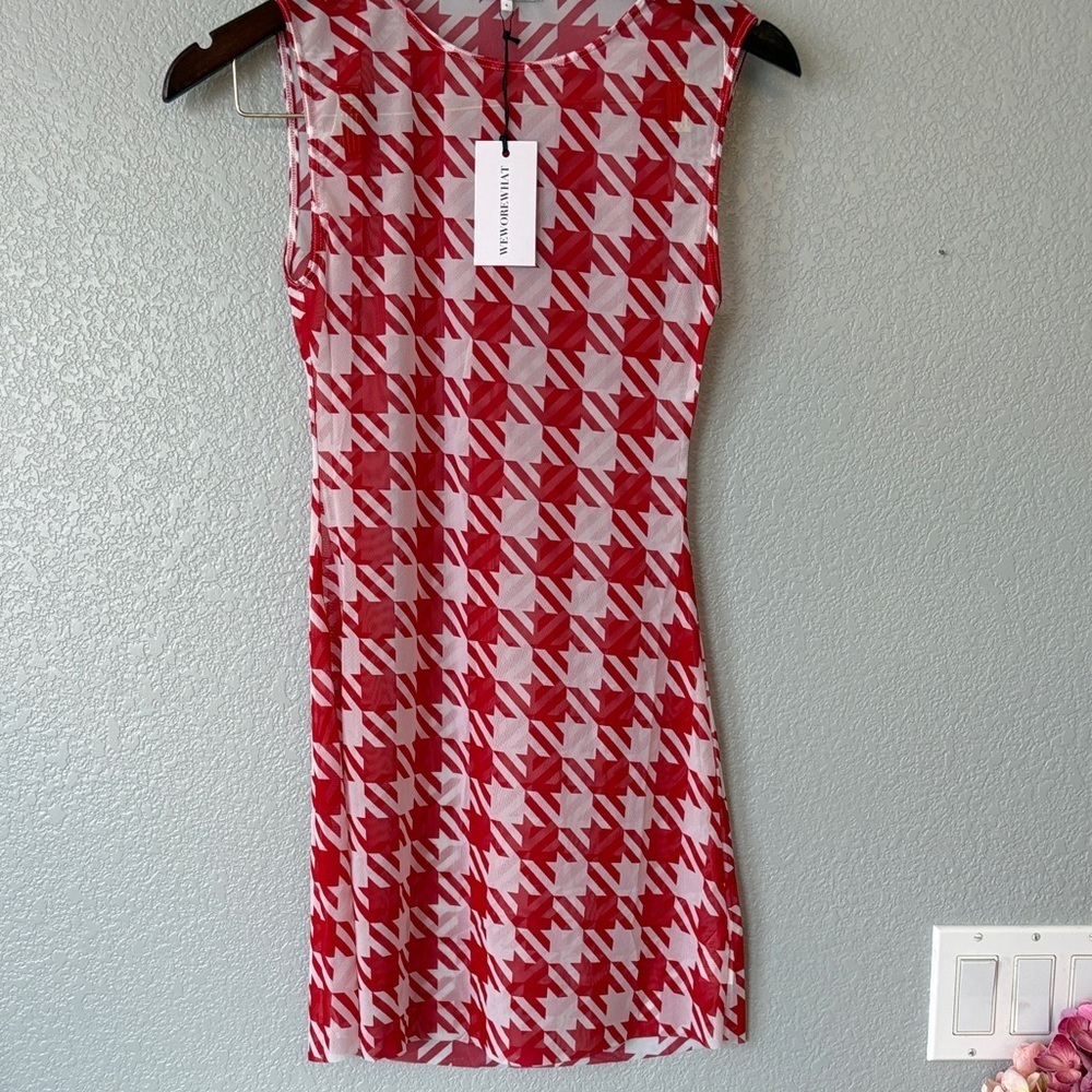 WeWoreWhat Red and White Houndstooth Mini Dress- Knit Muscle Dress